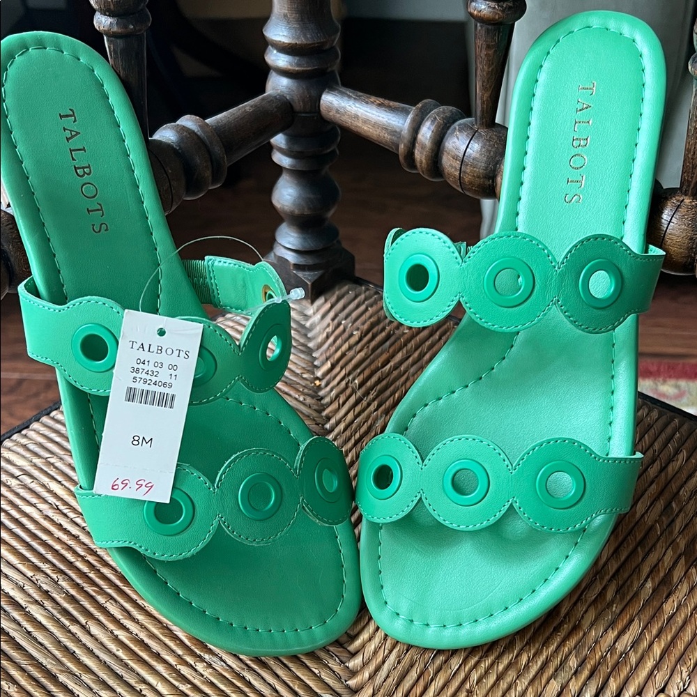 Bright Green Scalloped Double-Strap Slide Sandals